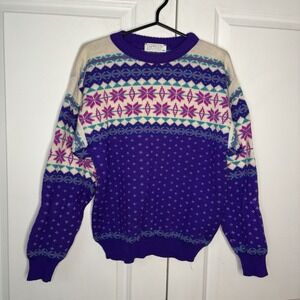 Vintage Capello Fair Isle Sweater Womens Nordic Purple Wool Snowflake Apres Ski